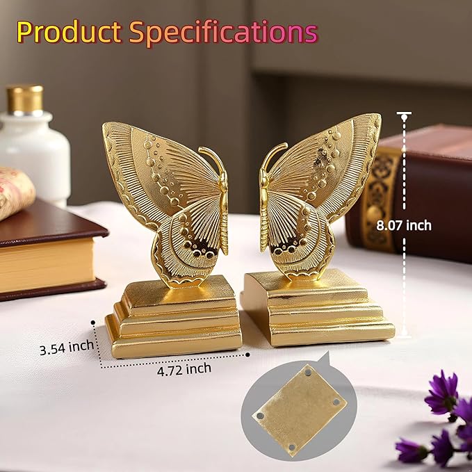Golden Butterfly Bookends Set of 2 – Elegant Resin Book Stoppers, Heavy Duty Decorative Book Ends for Bookshelf, Home Office, and Gift
