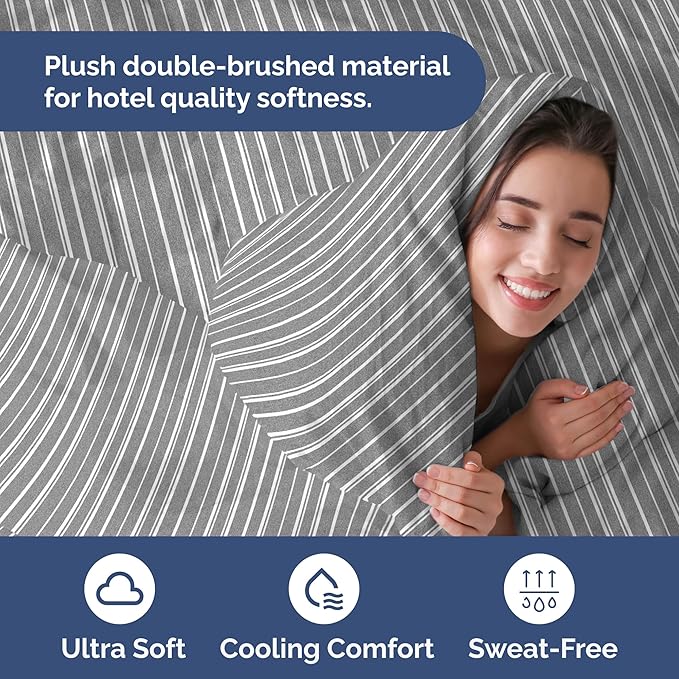 Duvet Cover King Size Set - Extra Soft King Size Duvet Cover 104 x 90 with 2 Pillow Shams - Hotel Luxury Easy Care and Fade Free w/Zipper Closures & Ties - Comfy Breathable Bedding Set (Grey Stripes)