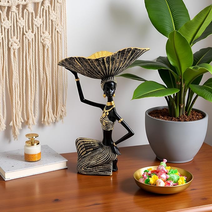 African Woman Carrying Bowl Statue – Resin Figurine, Black and Gold Tribal Sculpture, African Cultural Decor, Jewelry Candy Holder Dish