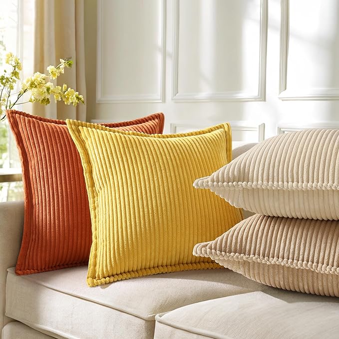 decorUhome Spring Corduroy Beige Throw Pillow Covers 18x18 Set of 2 Decorative Soft Boho Farmhouse Couch Pillow Covers for Living Room Bed Sofa Broadside Striped Pillow Cases