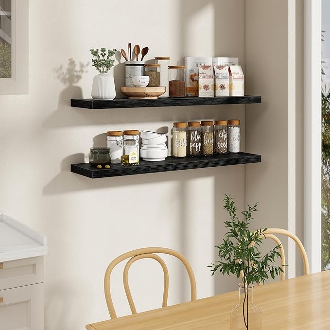 Fun Memories 48 Inch Floating Shelves in Black, 9.3 Inch Deep Floating Shelf for Bathroom Living Room Kitchen, Rusitc Wall Mounted Bathroom Shelves 1 Pack, Heavy-Duty Deep Shelf for Books Decor