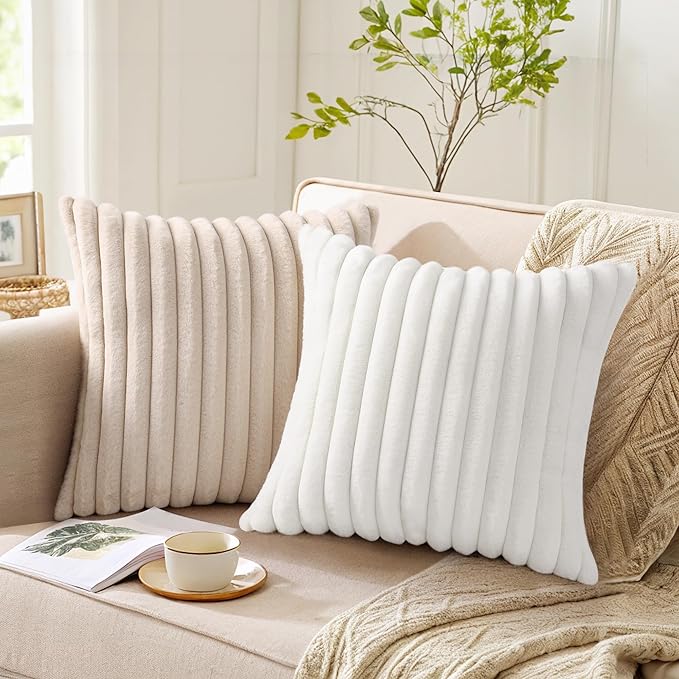 Pallene Faux Fur Plush Throw Pillow Covers 26x26 Set of 2, Luxury Soft Fluffy Striped Decorative Pillow Covers for Sofa, Couch, Living Room, White