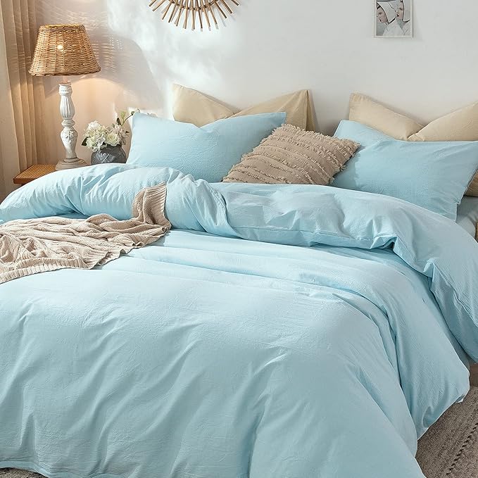 MooMee Bedding Duvet Cover Set 100% Washed Cotton Linen Like Textured Breathable Durable Soft Comfy (Heathered Light Blue, Queen 90"x90")