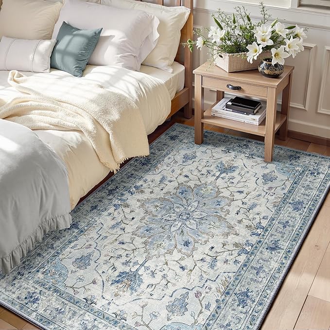 RELEANY Area Rugs 3'x5' Washable Non-Slip, Floral Vintage Distress Print Pattern Medallion Carpet for Living Room Bedroom Dining Room, Light Blue Navy Beige Gray White