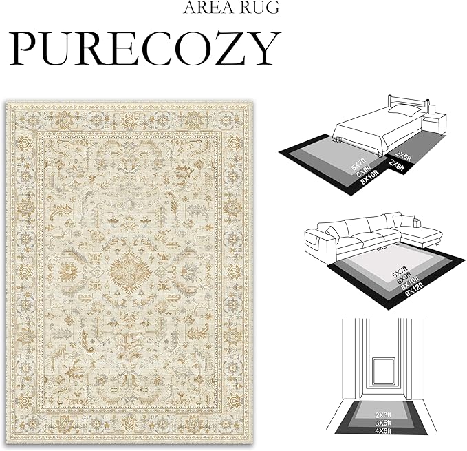 PureCozy 5x7 Beige Area Rug Vintage Washable Living Room Boho Carpet Non Slip Bedroom Indoor Office Low Pile Traditional Distressed Retro Accent Rug for Dining Room Bathroom Office Kitchen Dorm