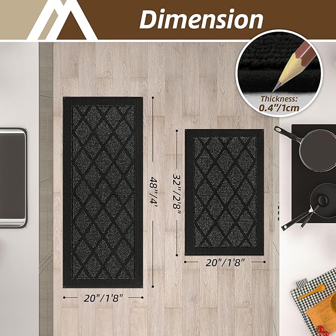 COSY HOMEER Kitchen Mats, 2 PCS Kitchen Rug Non Slip Washable, Absorbent Runner Rugs for Kitchen Floor, 100% Polypropylene Kitchen Sink Rug 20"x32" + 20"x48"(Black)