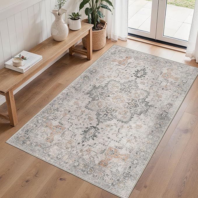 BESBLEE 4x6 Area Rugs for Living Room, Machine Washable Low Pile Vintage Rugs, Non Slip Lightweight Print Rug for Bedroom, Dining Room, Home Office, Light Taupe Brown