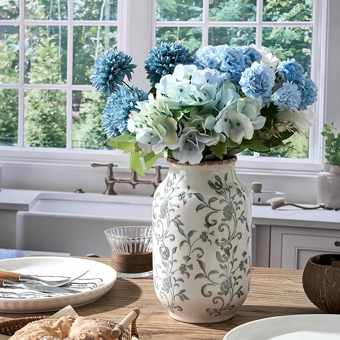 SIDUCAL Ceramic Vintage Vase, 8.78 Inch Chinoiserie Floral Vase, Retro Ice Cracked Rustic Farmhouse Vases for Home Decor, Living Room, Bookshelf, Office, Tuscan Decor, Gray Floral Pattern
