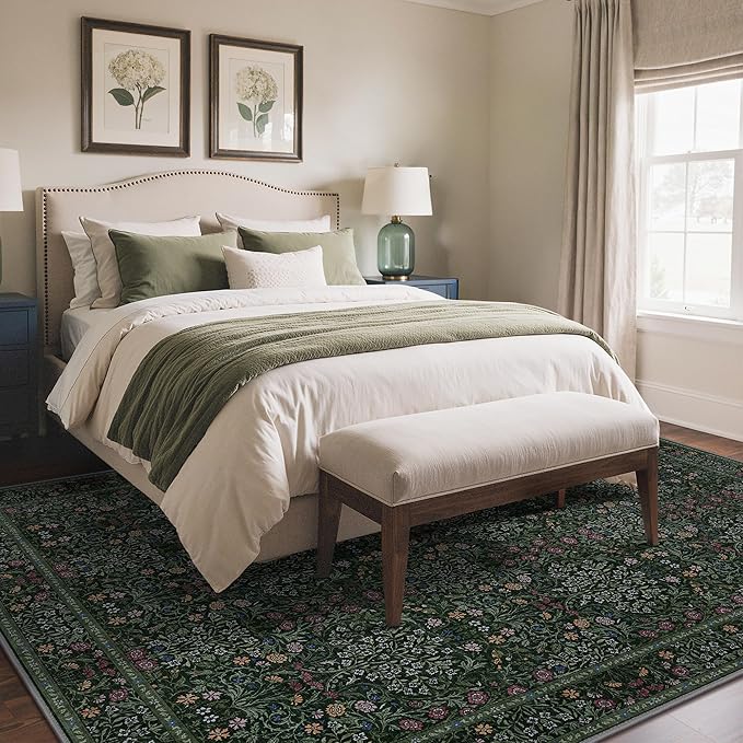 GENIMO 6x9 Area Rug for Living Room, Washable Vintage Floral Low-Pile Non-Slip Large Carpet for Bedroom Dining Room, Stain Resistant Botanical Indoor Rug (Dark Green)