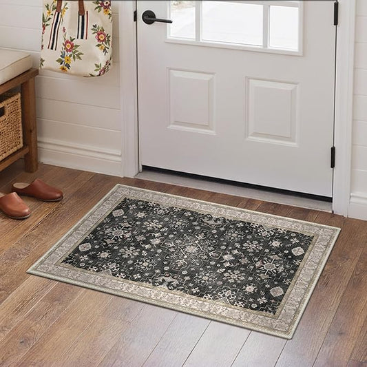 GENIMO 2x3 Washable Entry Rug,Small Rugs for Entryway Kitchen Bathroom Door Mat Indoor Entrance, Non Slip Rubber Backing, Stain & Fade Resistant,Black