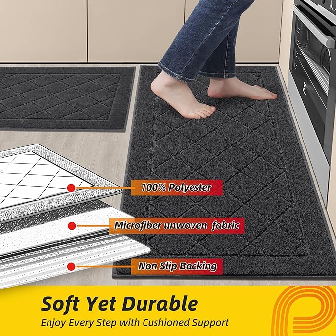 JSEI Non-Slip Kitchen Rugs, Self Adhesive No Sliding Kitchen Mats Set of 2, Soft Washable Absorbent Floor Mat for Kitchen, Bathroom, Laundry Room, Bedroom, 20”x32”+32”x48”, Dark Grey, Diamond Pattern
