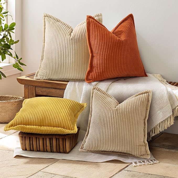 decorUhome Spring Corduroy Rust Throw Pillow Covers 12x20 Set of 2 Decorative Soft Boho Farmhouse Lumbar Couch Pillow Covers for Living Room Bed Sofa Broadside Striped Pillow Cases