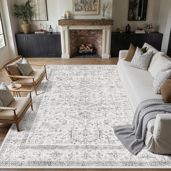 PureCozy Grey 5x7 Area Rug Vintage Washable Living Room Carpet Non Slip Bedroom Indoor Office Low Pile Traditional Distressed Retro Accent Rug for Dining Room Bathroom Kitchen