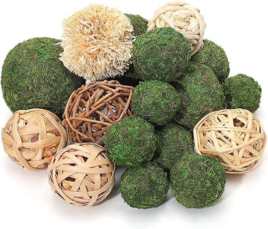 Jetec 18 Pcs Decorative Balls for Centerpiece Bowls 12 Green Moss Balls + 6 Wicker Rattan Cord Decorative Bowl Vase Fillers for Garden Vase Bowl Home Party Table Farmhouse Rustic Wedding Decor