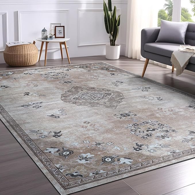 Beverly Rug Non Slip Rugs 6x9 Boho Medallion Floral Non Skid Rubber Backing Easy Silk Soft Area Rug for Living Room Easy to Clean Non Shedding Kitchen Bedroom Indoor Carpet (6 x 9 Beige - Brown)
