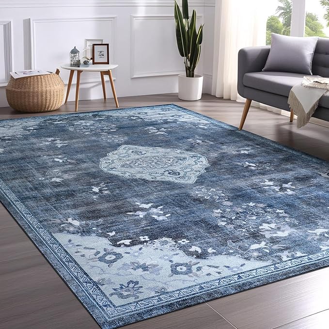Beverly Rug Non Slip Rugs 6x9 Boho Medallion Floral Non Skid Rubber Backing Easy Silk Soft Area Rug for Living Room Easy to Clean Non Shedding Kitchen Bedroom Indoor Carpet (6 x 9 Blue - Gray)