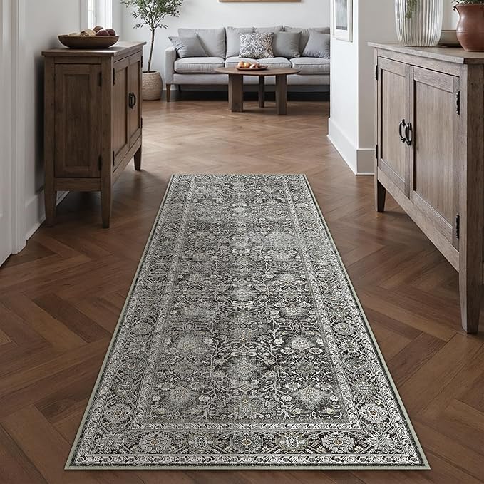 PureCozy Black Runner Rug 2x7 Vintage Area Carpet Hallway Long Indoor Kitchen Washable Living Room Low Pile Traditional Distressed Retro Accent Throw Rug Non Slip Laundry Bathroom Office Dining Room