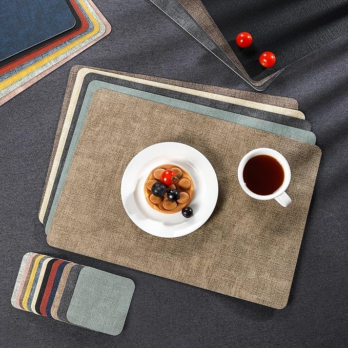 Myir JUN Dual Sided Placemats, Faux Leather Set of 4 for Dining Table Indoor Outdoor, Square Non-Slip Washable Table Mats (Gray Yellow)