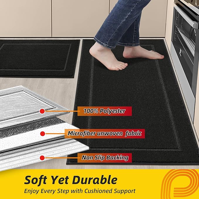 JSEI Non-Slip Kitchen Mats, Self Adhesive No Sliding Kitchen Rugs Set of 2, Washable Absorbent Floor Mat for Kitchen, Bathroom, Laundry Room, Bedroom, 20”x32”+32”x48”, Black, Rectangular Pattern