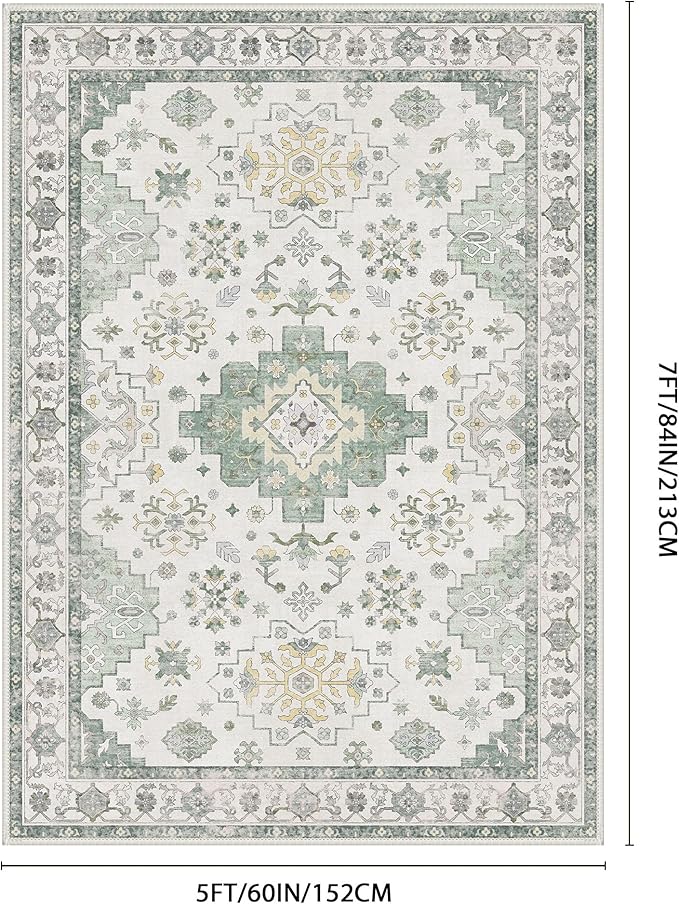 GENIMO 5x7 Area Rugs for Living Room,Machine Washable Non-Slip Vintage Rug, Low Pile Lightweight Carpet for Bedroom, Dining Room, Home Office, Stain & Fade Resistant,Green