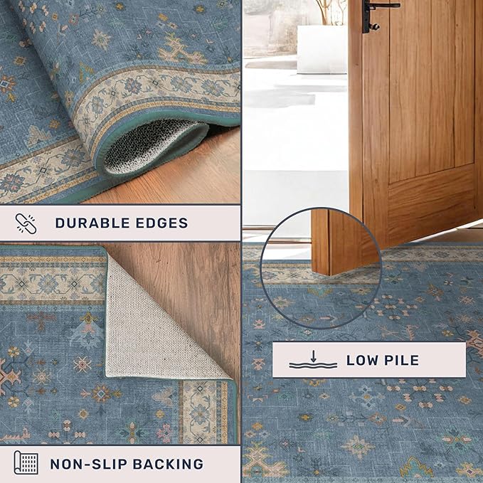 Blue 2x3 Washable Rug for Entryway Indoor, Kitchen Floor Waterproof, Bathroom, Powder Room, Non Slip Low Pile Stain & Fade Resistant, Modern Eclectic Floral Decor