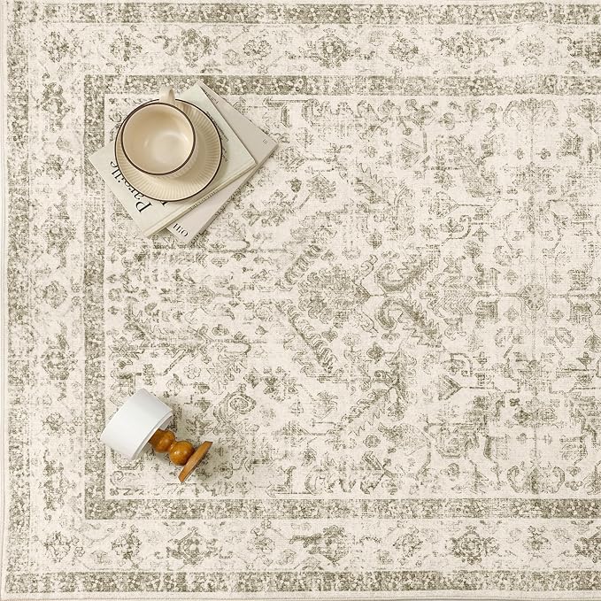 PureCozy Taupe 6x9 Area Rug Vintage Washable Living Room Carpet Non Slip Bedroom Indoor Office Low Pile Large Traditional Distressed Retro Accent Rug for Dining Room Bathroom Kitchen