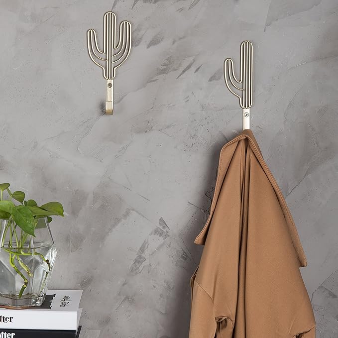 MyGift Wall Mounted Modern Brass Tone Metal Coat Hooks with Wire Saguaro Cactus Matching Shapes for Hanging Hats Coats Towels Leashes Keys, 2 Piece Set