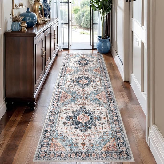 Tangsoo 2.6x10 Hallway Runner Rugs, Washable Runner Rug for Hallway Non Slip Vintage, Soft Low Pile Long Rug Runner, Print Indoor Carpet Runners for Living Room Kitchen Bedroom Entryway Blue/Orange