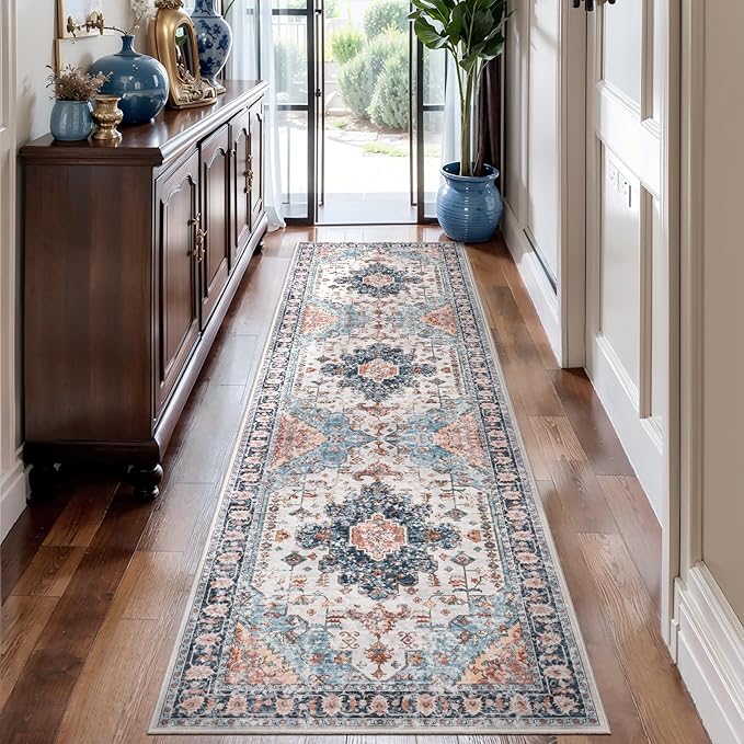 Tangsoo Hallway Runner Rugs 2.6x14 Washable Runner Rug for Hallways, Non Slip Vintage Soft Low Pile Long Rug Runner, Oriental Carpet Runners for Kitchen Bedroom Entryway Living Room