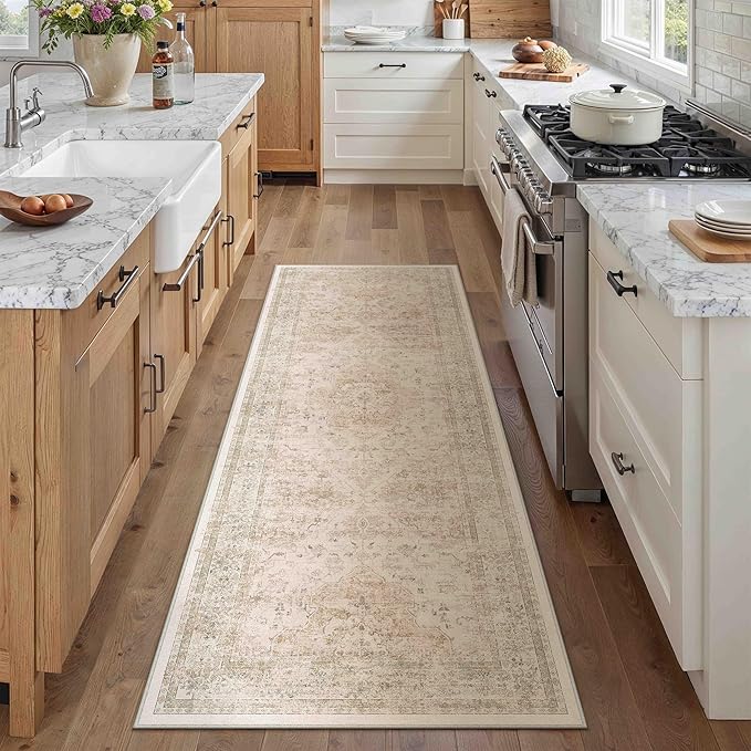 PureCozy Hallway Runner Rug 2x6 Washable Beige Vintage Distressed Long Runner Oriental Soft Thin Indoor Carpet Non Slip Low Pile Throw Rug for Kitchen Bedroom Laundry Bedside Entryway