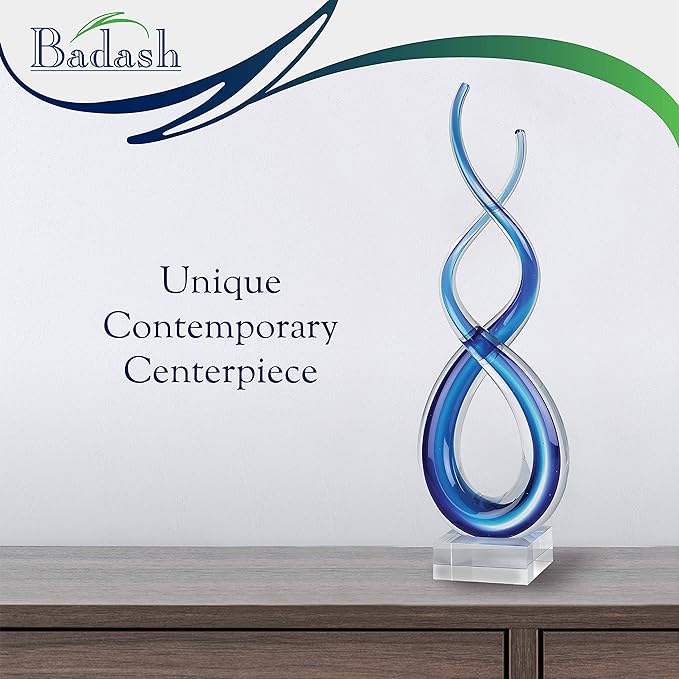 Badash Blue Murano-Style Glass Sculpture - 9'' Wave Art on Crystal Base - Handmade Home Decor