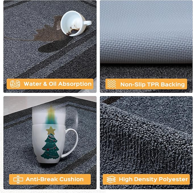 Kitchen Rugs 24" x 70", Non-Slip Machine Washable Kitchen Runner Rugs Floor Mats, Absorbent Comfort Standing Mats for Kitchen, Sink, Laundry and Hallway, Rolled Packaging, Bluish Grey & Charcoal