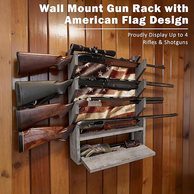Rush Creek Creations Gun Rack, Wall Mount Gun Rack for Rifles or Shotguns, Patriotic American Flag Design, Additional Storage for Gun Accessories