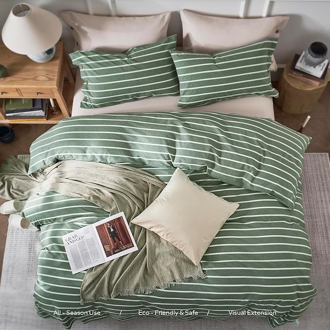JELLYMONI Cotton Duvet Cover Twin Size - Green Striped Comforter Cover with Button 100% Washed Cotton 2PCS Breathable Soft Solid Bedding Set Duvet Cover 68×90in & 1 Pillowcase (NO Comforter)