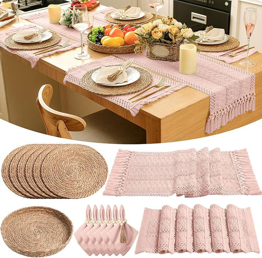 6 Sets Boho Placemats Round Woven Placemats, Cloth Napkins, Wood Bead Napkin Rings, Long Table Runner and Farmhouse Rustic Burlap Cotton for Kitchen Dining Table Home (Apricot Pink)