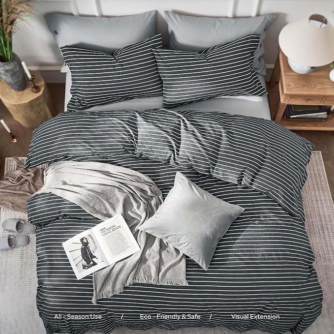 JELLYMONI Cotton Duvet Cover Cal King Size - Gray Pinstriped Comforter Cover with Button 100% Washed Cotton 3PCS Breathable Soft Bedding Set Duvet Cover 104×98in & 2 Pillowcases (NO Comforter)