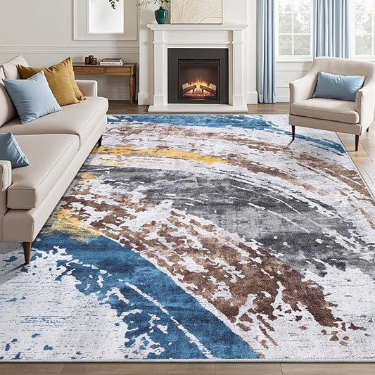 Ciicool Modern Abstract Rug for Living Room, 5x7 Machine Washable Area Rug Non-Slip Rug, Low-Pile Contemporary Indoor Dining Floor Carpet for Bedroom Office Under Table Home Decor Grey Blue Swirl