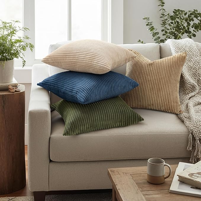 Mecatny Corduroy Decorative Throw Pillow Covers 24x24 Set of 2 for Sofa Living Room, Soft Neutral Boho Couch Pillow Covers for Home Decor, Olive Green
