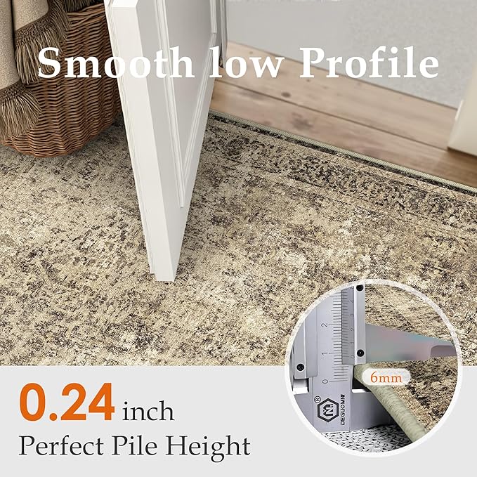 PureCozy 6x9 Area Rug Washable Vintage Neutral Living Room Carpet Large Indoor Non Slip Brown Bedroom Distressed Low Pile Retro Accent Throw Rug for Dining Room