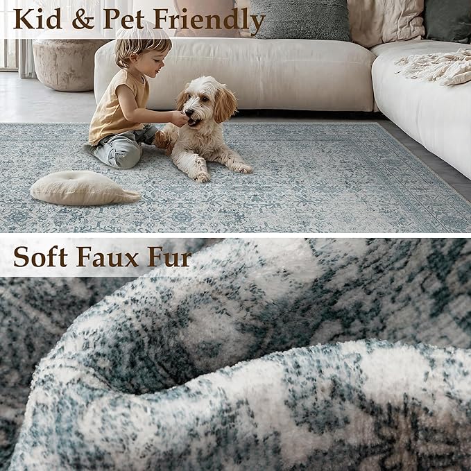 PureCozy Blue Area Rug 3x5 Washable Office Entryway Carpet Soft Vintage Indoor Kitchen Living Room Door Mat Traditional Retro Distressed Thicker Throw Small Rug Bedroom Dining Room Bathroom