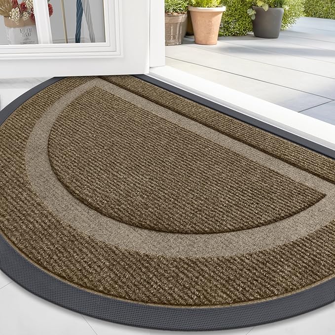 OLANLY Half Circle Door Mat Indoor Outdoor Entrance Welcome, Waterproof All-Season, All-Weather Doormat, Sturdy Natural Rubber, Low Profile, Easy Clean Patio Porch Entryway Mat, 59x23, Brown