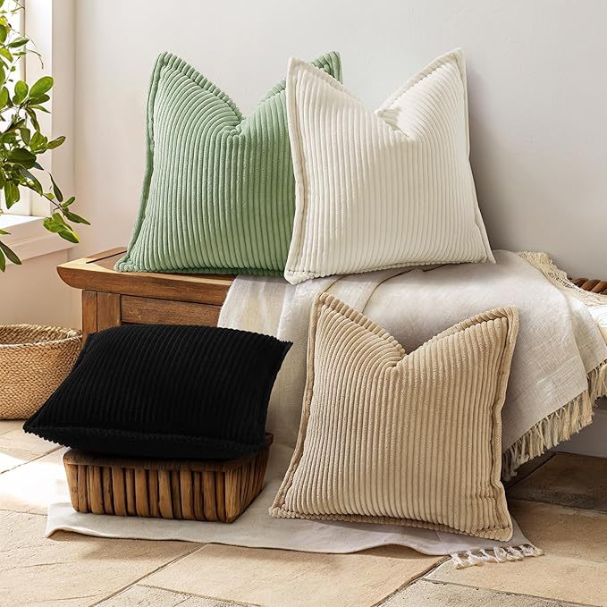 decorUhome Spring Corduroy Black Throw Pillow Covers 20x20 Set of 2 Decorative Soft Boho Farmhouse Couch Pillow Covers for Living Room Bed Sofa Broadside Striped Pillow Cases