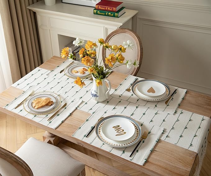 Boho Placemats Set of 6 for Dining Table Decor, Woven Cloth Place Mats for Farmhouse Rustic Kitche Home Decor, Cotton Placemats 13 x 19 Inch, Green and Beige Table mats