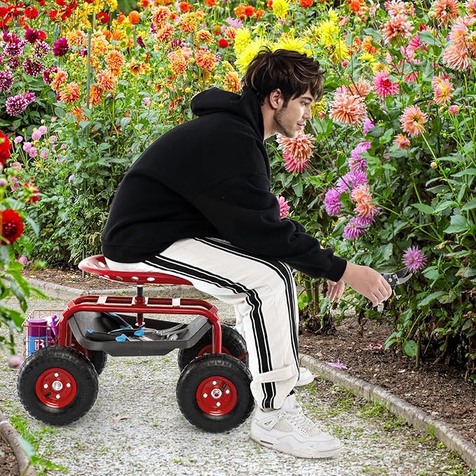 Goplus Garden Seat with Wheels, Rolling Garden Cart with 360 Degree Swivel Seat for Planting, Gardening Stool w/Tool Tray, Basket, Gardening Chair Workseat, Patio Wagon Scooter for Seniors