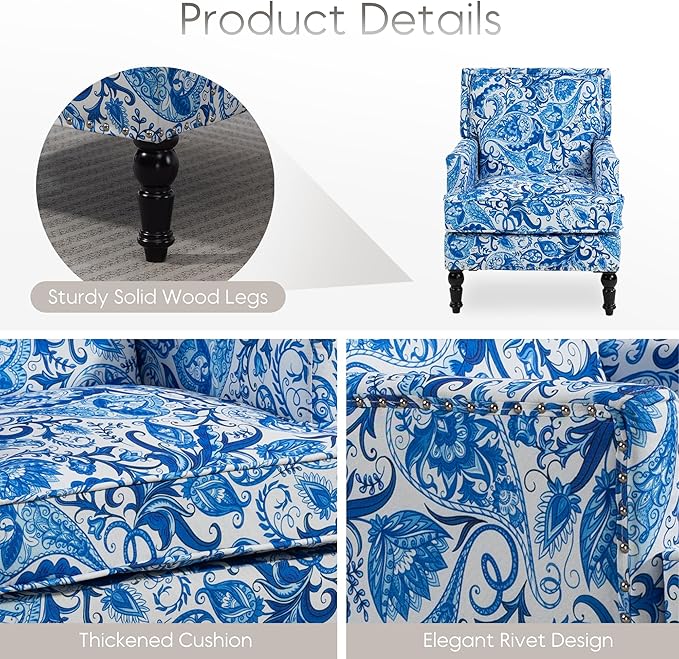 Yogald Vintage Accent Armchair, Mid Century Corner Chair with Nail-Head Trim, Comfy Upholstered Reading Chair, Mediterranean Chair for Living Room Bedroom Guest Room(Blue-and-White Porcelain Blue)