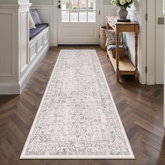 PureCozy Gray Runner Rug 2x8 Hallway Machine Washable Kitchen Vintage Distressed Non Slip Long Carpet Indoor Grey Retro Floral Bedroom Accent Throw Rug for Bathroom Office Laundry Dining Living Room