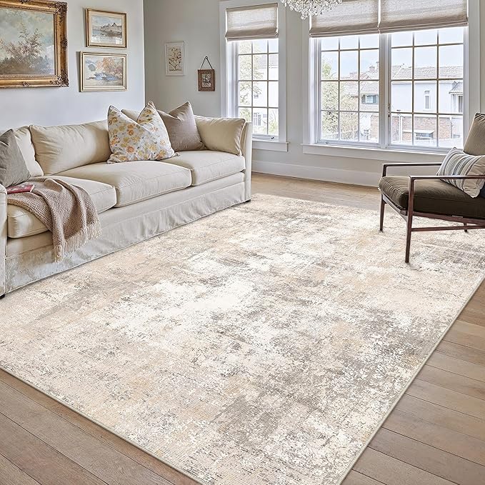 WondRg 8x10 Washable Area Rug Beige Grey Abstract Living Room Bedroom Carpet Neutral Modern Non Slip Soft Low Pile Indoor Large Throw Rug for Dining Room Office