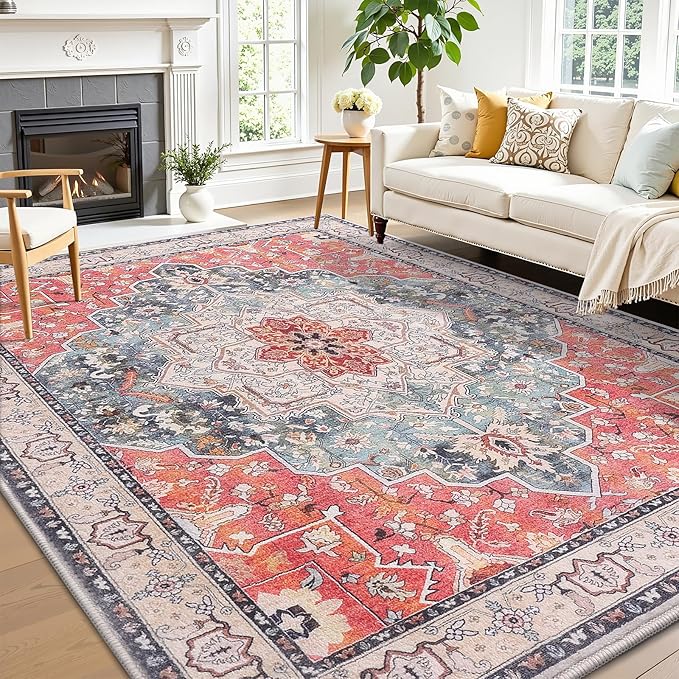 Vanmoos 5x7 Area Rugs for Living Room, Bedroom - Machine Washable, Non-Slip Bedside Rug, Large Soft Floor Carpet for Office, Dining Room, Farmhouse and Home Decor, Artistic Flair/Brick Red