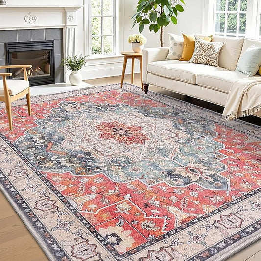 Vanmoos 5x7 Area Rugs for Living Room, Bedroom - Machine Washable, Non-Slip Bedside Rug, Large Soft Floor Carpet for Office, Dining Room, Farmhouse and Home Decor, Artistic Flair/Brick Red