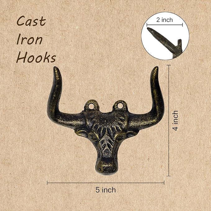 Cast Iron Wall Mount Hooks – Bull Bronze Design, 2 Pack – Vintage Rustic Coat Hooks for Entryway, Bathroom, Kitchen, or Bedroom